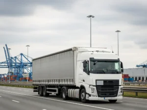 Freight transport to Belgium — truck by the Antwerp port cranes