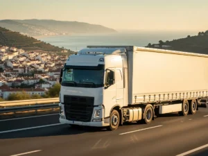 Freight transport to Portugal — truck with a coastal town behind