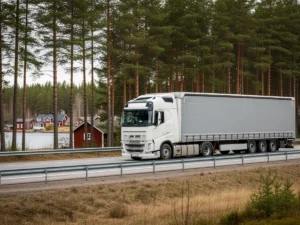 Freight transport to Sweden — truck among pine forest