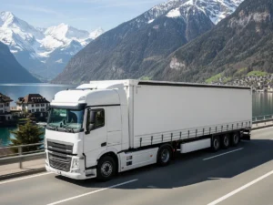 Freight transport to Switzerland — truck on a lakeside Alpine road