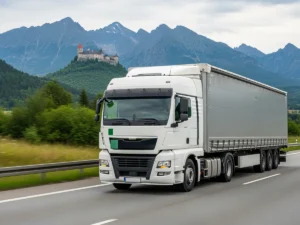 Freight transport to Slovakia — truck with the Tatra mountains behind