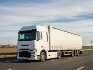 Freight transport to Hungary — truck on the plain with a bridge afar